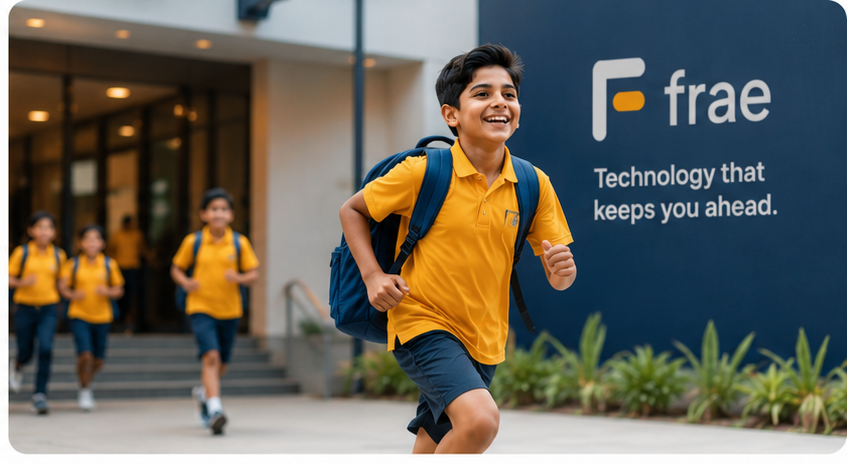 A student arriving at school, with the Frae brand wall behind