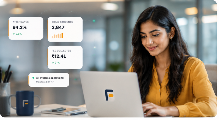 A live operations dashboard in use, attendance, students and fees at a glance